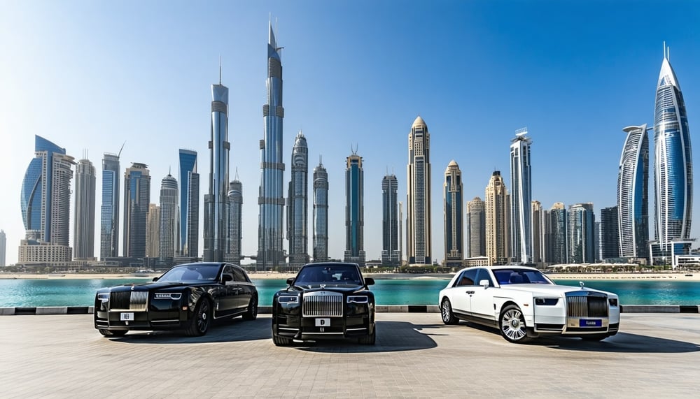 Modern Dubai skyline with luxury vehicles