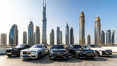Modern Dubai skyline with luxury vehicles