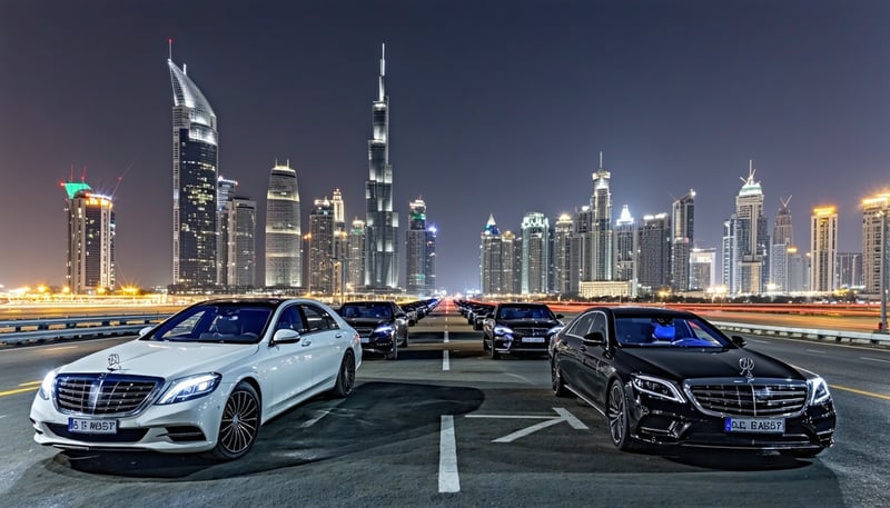 Luxury vehicles and cityscape representing Toll Way Travel in Dubai